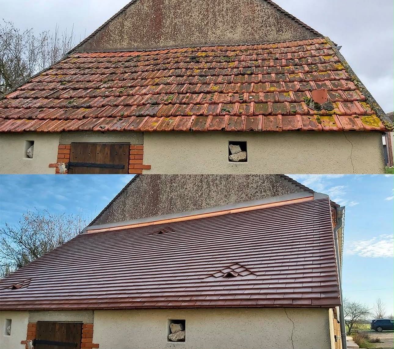 Rénovation de toiture — avant / après en tuiles neuves